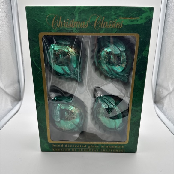 Christmas Classics-Ornaments-Hand Decorated-Glass-Commodore Green Gold‎ Swirl
